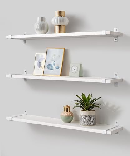 Gronda Wandregal Weiß Modern, 60 cm Regal Wand Mit U-Halterung, 3Er-Set | Weiße Ablagen Aus Paulowniaholz Mit Abnehmbaren Metallhaltern; Zur Wandmontage Für Bücher, Bilderrahmen Und Deko.