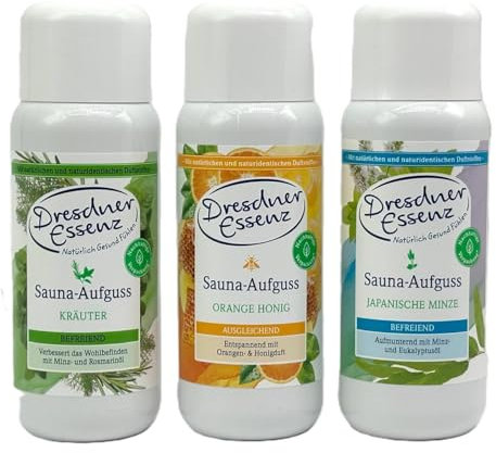 3er Set Dresdner Essenz Sauna-Aufguss Orange Honig, Kräuter, japanische Minze 3 x 250ml