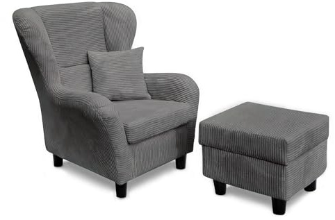 lifestyle4living - Moderner Ohrensessel mit Hocker – Große Auswahl an Stoffen und Farben - Gemütlicher Designer-Sessel im eleganten Landhaus-Stil, Cordgrau