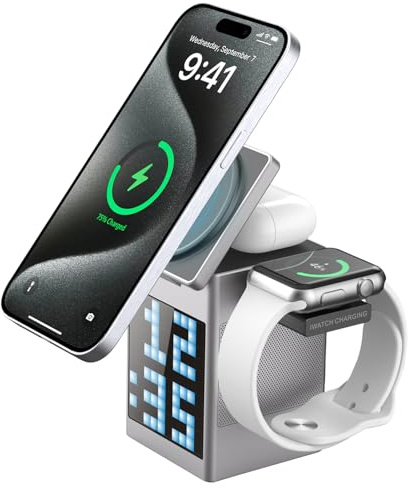 MiliPow Kabelloses Ladegerät mit Lautsprecher Pixel Wecker, 15W Schnellladestation für iPhone 16/15/14/13/12/Uhr/Ohrhörer