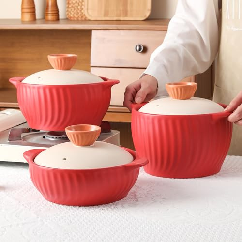 Non-Stick Ceramic Casserole Dish, Clay Pot, Earthen Pot Cookware with Lid, Stockpot for Stew, Soup, Steam, Oven Safe-Heat Resistant (red, 3.6L)