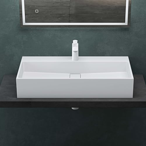 Mai & Mai Vasque Rectangulaire Posée Suspendue 80x40x14cm sans Trop-Plein | Vasque Lavabo, Perçage Robinet, Cache-Bonde Inclus, Surface Lisse, et Facile à Nettoyer, Colossum6028
