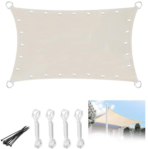 YedZen Voile d'ombrage pour balcon, 3 x 4 m, imperméable, protection solaire, rectangulaire, avec œillets et corde, protection UV, couleur crème, tissu de marquise, pour balcon, jardin, terrasse