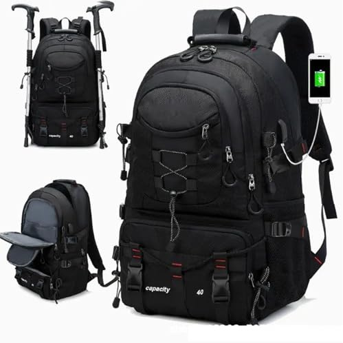 HYPIQQ Reiserucksack für Herren - Bereit für Wanderausrüstung, wasserdichter Reiserucksack mit wasserabweisendem Design für Abenteuer,Schwarz