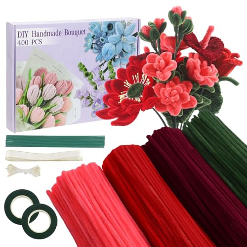 Rot Pfeifenputzer zum Basteln Set, 400 Stück Pfeifenreiniger | 4 Farben Blumenstrauß Pfeifenreiniger Blumen mit Geschenkband, Klebeband, Staubblätter für DIY Geschenke und Dekorieren