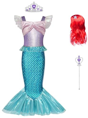 BSBUY Deguisement Robe Petite Sirene Ariel, Costume Princesse Ariel avec Perruque, Robe Princesse Costume de Sirene, Fancy Dress Noël Carnaval D'anniversaire Fêté Cosplay