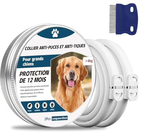 2 Pcs Collare Antipulci Cane, 65cm Regolabile Protezione Zecche per Cani Grandi Medi Piccoli, Antiparassitario Impermeabile, 8 Mesi di Protezione Lunga Durata (Cane grande)