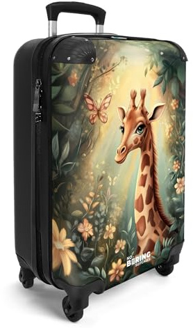 NoBoringSuitcases© Handgepäck Koffer Kinder Reisekoffer Kinderkoffer mit 4 | 55x35x20 cm - Rollen Leicht Cabin Trolley Hartschalenkoffer Flugzeug Giraffe - Blumen - Dschungel
