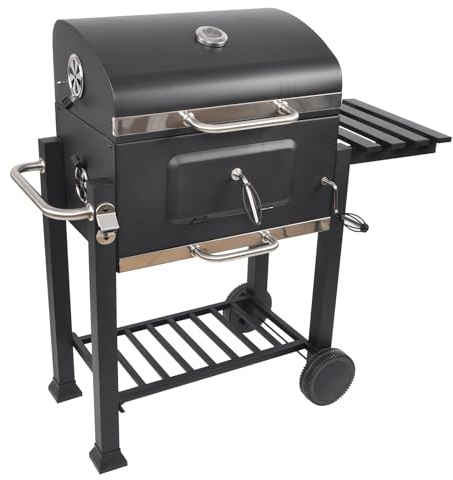 LQWELL Grillwagen, Holzkohlegrill XL BBQ Smoker Trolley, Standgrill mit Deckel, Edelstahl-griff, Grillrost, Thermometer, Flaschenöffner und Rädern, Maße ca. L113.5 x W50 x H107 cm, Schwarz