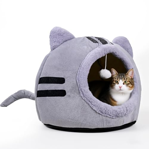 Bypass Katzenbetten für Hauskatzen,Katze Form 40x40x32cm Katzenhöhle große Katzen Dunkelgrau，Faltbare Katzenbett mit waschbaren Kissen, Katzenzelt für Kätzchen kleine, mittelgroße Haustier