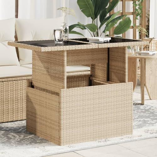 HaoChrymec Gartentisch Beige mit PE-Rattan, Verstellbare Tischplatte, Loungetisch Outdoor, Gartentisch Wetterfest, 100x55x44/73 cm, Balkon Tisch