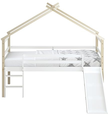 Sunny River Lit Cabane avec Toboggan en Bois, Beige/Blanc | Lit pour Enfant Mi-Haut, Lit Montessori - sans Matelas - 213 X 186 X 183 Cm | pour Matelas : 90 X 200 Cm