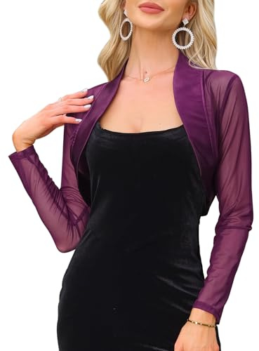Allegra K Bolero de satén para mujer, vestido de noche, cárdigan de malla, parte delantera abierta, manga larga, bolero recortado, Morado (, S