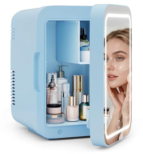 ARTETHYS Mini Fridge for Bedrooms, 4L Skincare Fridge with LED Mirror | Small Fridges for Bedroom, Portable 6 Can Cosmetic Cooler & Warmer, Beauty Fridges, AC DC 12V for Car, Camping, Makeup, Blue