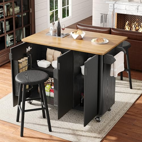 Bladez Carrito de cocina con ruedas, isla de cocina, carrito para servir con encimera plegable, espacio de almacenamiento, estante para especias y toallero, armario de cocina móvil (negro)
