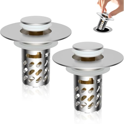 2Pcs Sink Plug Replacement, Universal Pop Up Sink Plug Strainer Stopper with Removable Stainless Steel Filter Basket Hair Catcher for Kitchen Bathroom 26-46mm Basin Hole Chrome