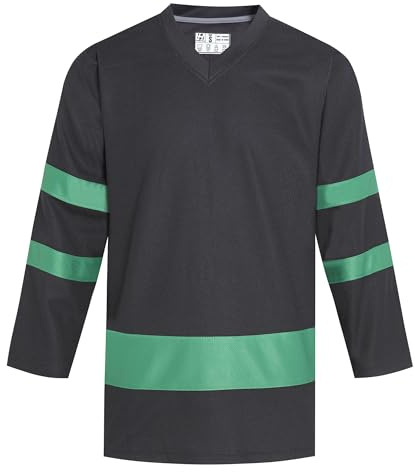 Pullonsy Black Ice Hockey Jerseys for Men Women Adult Unisex Workout T-Shirt Casual City Tops Training Apparel Vintage Outfit Black Jersey-Kelly Green Stripe, Men Size X-Large