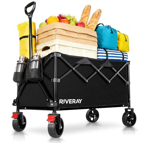 Chariot Pliable Multifonction à Grandes Roues - avec Bâche et Freins - Transport Facile sur Sable, Herbe pour Camping, Pêche, Jardin