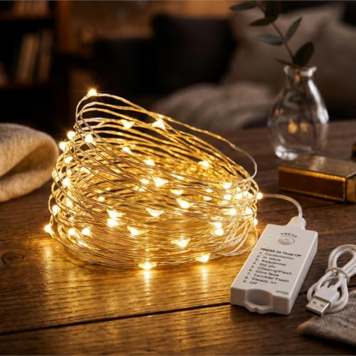 HXWEIYE Guirlande Lumineuse Intérieur Rechargeable, 5m, 50LEDs, 8 Modes | Minuteur, Guirlande led à pile, Étanche, Déco extérieur, Noël, chambre, Mariage, décoration d'arbre, Blanc Chaud