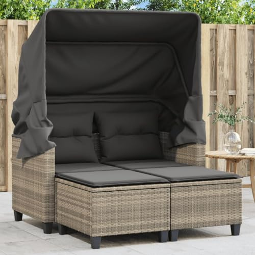 Hommdiy Gartensofa 2 Sitzer mit Dach,Doppelliege 2-Sitzer mit Dach,Sonnenliege Outdoor Garten Lounge Set Hellgrau Poly Rattan