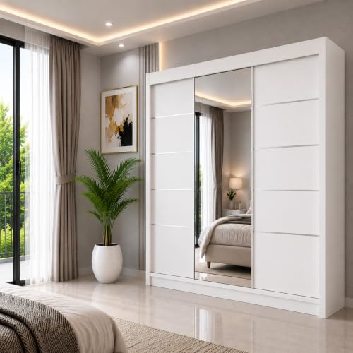 REXwood Furniture Oslo Sliding Door Wardrobe with Mirror, Modern Bedroom Wardrobe with Shelves and Hanging Rails, Grey Matt Finish, 150-250 cm (White, 250cm (Three doors))