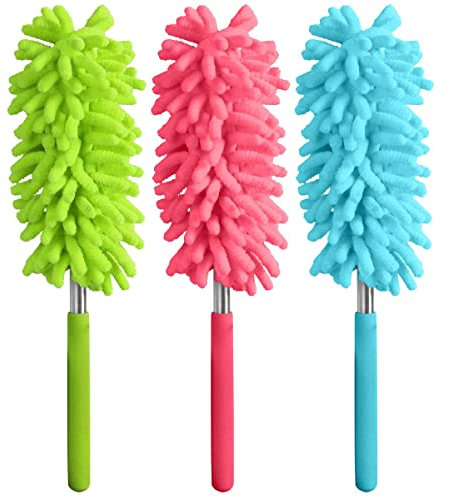 Fackelmann Telescopic Duster, Small, Function Head 12.5x6cm, Handle Maximum 63cm, Total Length 75.5cm, Soft Microfibre Material with Plastic Handle, Pink Blue or Green