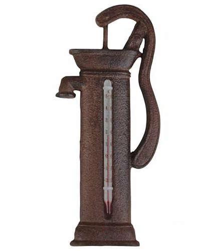 L'Héritier Du Temps Thermomètre Mural ou à Poser Décoratif en Forme de Pompe à Eau en Celsius en Fonte Patinée Marron 3.5x6.5x19.50cm