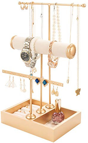 QILICZ Schmuckständer Gold T-Form Schmuckhalter Kettenhalter - 3 Stäben Schmuckbaum Kettenständer Uhrenständer Ohrringhalter Schmuckaufbewahrung für Ketten,Ohrringe,Armbänder,Ringe,Uhren