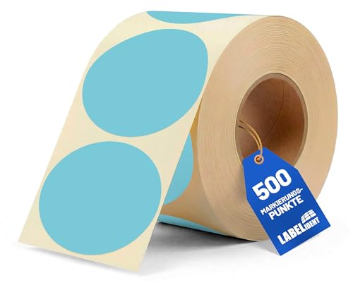 Labelident Markierungspunkte, Klebepunkte blau - Ø 75 mm - 500 bunte Papieraufkleber auf 1 Rollen, Inventuretiketten selbstklebend