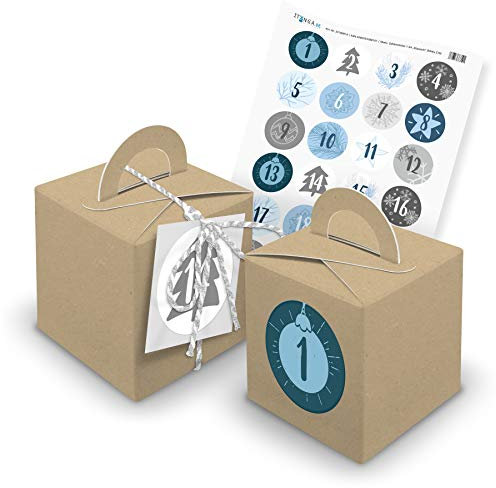 itenga Adventskalender Rohling Schachteln Geschenkverpackung - 24 Würfelboxen Braun Dekogarn Silber (20m x 2mm) Anhänger Weiß Zahlensticker 1-24 Klassisch Blautöne