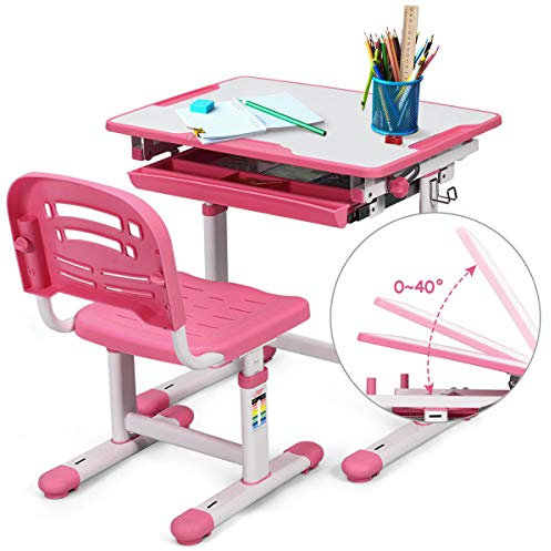 DREAMADE Bureau Enfant avec Hauteurs Réglables, Angle de Bureau Réglable 0°-40°, Ensemble Table et Chaise Enfant, avec Cannelure pour Stylo, Tiroir Coulissant et Crochet, Charge 80KG (Rose)