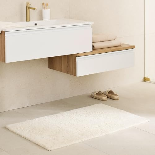 Waschbarer Badezimmerteppich einfarbig - Creme 40 x 60 cm (Rechteckig) | Rutschfester Badteppich Badezimmer Badematte 100% Baumwolle Badvorleger Trockner geeignet Duschvorleger nimmt Nässe auf