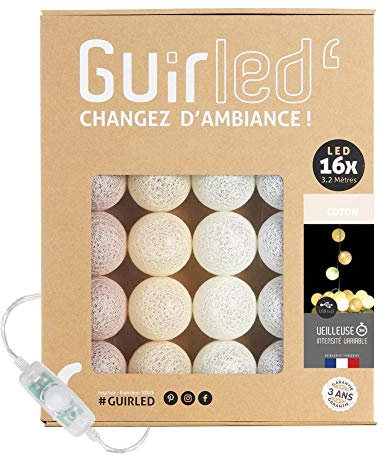 GuirLED - Guirlande lumineuse boules coton LED USB - Veilleuse bébé 2h - Adaptateur secteur double USB 2A inclus - 3 intensités - 16 boules 1.6m - Coton