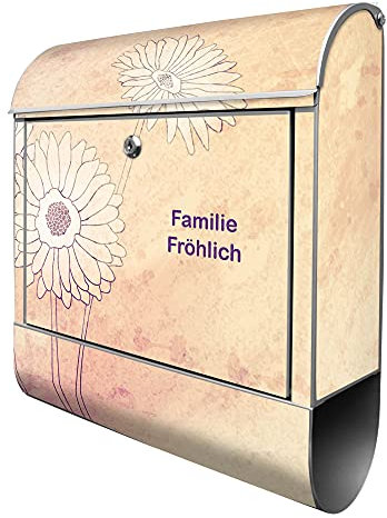 banjado Design Briefkasten personalisiert Gerbera 38,5x46,5x13cm & 2 Schlüssel - Briefkasten Stahl Silber Zeitungsfach pulverbeschichtet - Postkasten A4 Einwurf inkl. Montagematerial