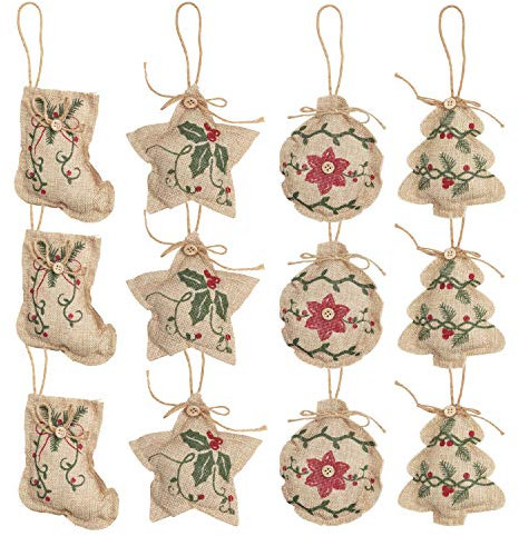 12 STK Christbaumschmuck aus Jute - je 3x4 Figuren Strumpf Baum Kugel und Stern Umweltfreundliche Weihnachtsdeko – Weihnachtsbaum Schmuck Christbaumanhänger Weihnachten