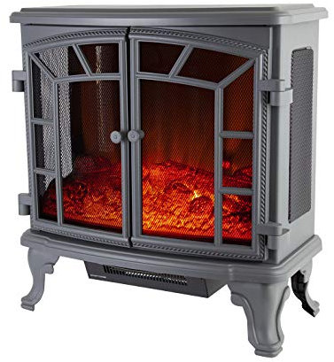 Warmlite WL46020G Rochester Portable Electric Double Door Fireplace Heater with Realistic LED Flame Effect, Remote Control, 2000W, Grey