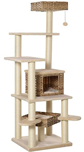 PawHut Rattan Kratzbaum mit Katzenhöhle Mehrstufiger Katzenbaum Kletterbaum für Katzen E1 MDF Sisal Beige+Braun 55 x 55 x 174 cm