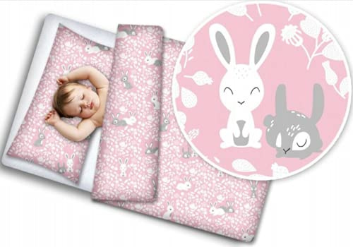 BABY 4PC BEDDING SET WITH PILLOW AND DUVET NURSERY 120X90CM Bunny Pink