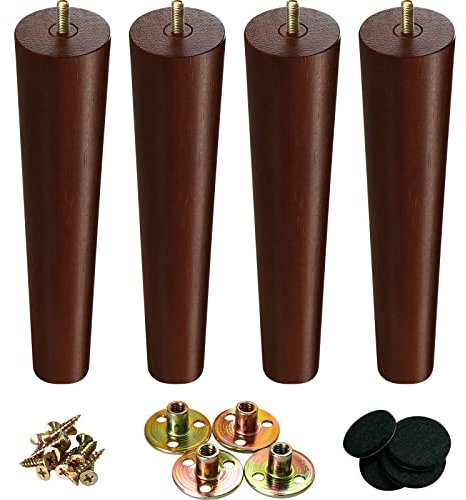 KOIKEY 25cm Wooden Furniture Legs, Solid Wood Sofa Legs Set of 4, Mid-Century Modern Replacement Feet with Mounting Plate & Screws for Cabinet Bed Chair Couch Dresser Table TV Stand, Walnut Colour