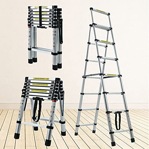 Aluminum Telescopic Folding Ladder 6.5FT Portable Multi-Purpose Folding Ladder 6+7 Heavy Duty Step Ladder EN131 Safe Standard 330lb Max Load Easy to Transport and Storage for Household Daily or Hobby