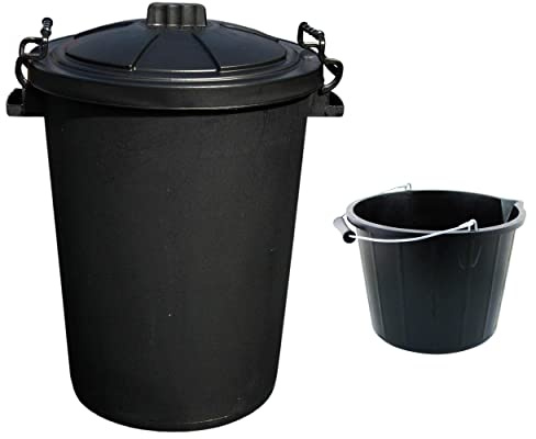 M1SS (Set of 2) 50L Litre Heavy Duty Clip Lock Lid Rubbish Bin, Trash Can, Dustbin,Storage Animal Feed with 3 Gallon 14 Litre Plasters Builder Bucket Water Mixing Storage With Measuring Guide(Black)