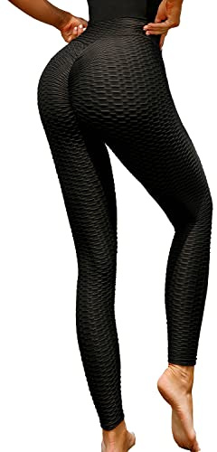 Fohevers Damleggings med hög midja rynkad rumplyft magkontroll yogabyxor träning löpning elastiska sporttights, Svart, L