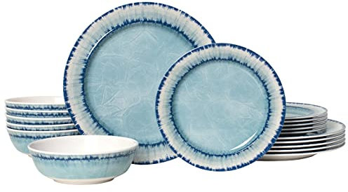 AELS Juego de vajilla de melamina de 18 piezas, ligero, irrompible para uso en interiores y exteriores, sin BPA, apto para lavavajillas, azul claro