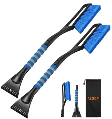 AstroAI 2 Pack 27 Snow Brush and Ice Scrapers for Car Windshield, Detachable Snow Scrapers with Ergonomic Foam Grip for Cars, Trucks, SUVs (Heavy Duty ABS, PVC Brush, Orange)
