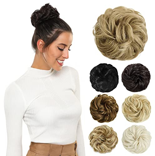 PARXITN Dutt Haarteil mit Gummiband Gelockt für Messy Bun Pferdeschwanz Haarverlängerung als Haargummi mit Haaren für Hochsteckfrisuren Damen 45g Dunkelblonde Mischung Blond