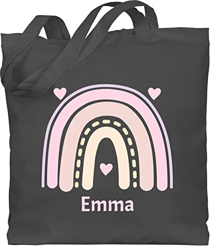 Baumwolltasche - Boho - Regenbogen - Herzchen Name - Unisize - Dunkelgrau - stofftaschen für kindergarten kinder stoffbeutel bohemian chic stil beutel stofftasche klein jutebeutel kita individuell