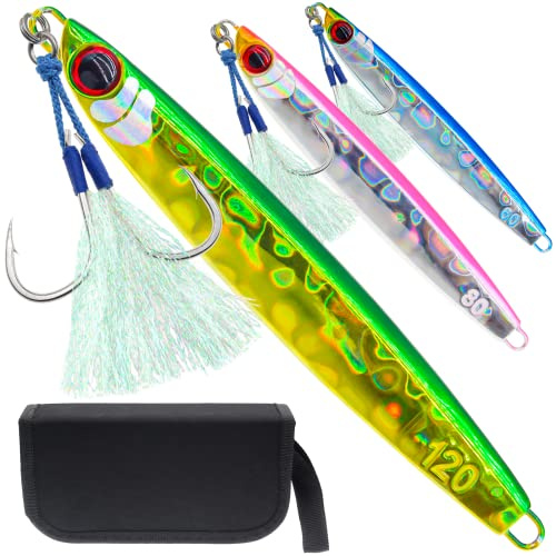 Gefischtter 3pcs Fishing Jigs Vertical Saltwater Jigs Metal Fishing Spoon Lure Fast Sinking Jigging Slow Jigging Pitching Artificial Deep Sea Glow Lead Jigs with Assist Hooks for Tuna,Bass,Dogtooth,Grouper