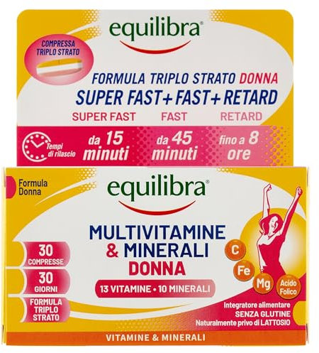 Equilibra Integratori Alimentari, Multivitamine & Minerali Donna, Integratore Tripla Azione di Magnesio, Ferro, Acido Folico e Vitamina C, Senza Glutine, 30 Compresse Triplo Strato a Rilascio Graduale