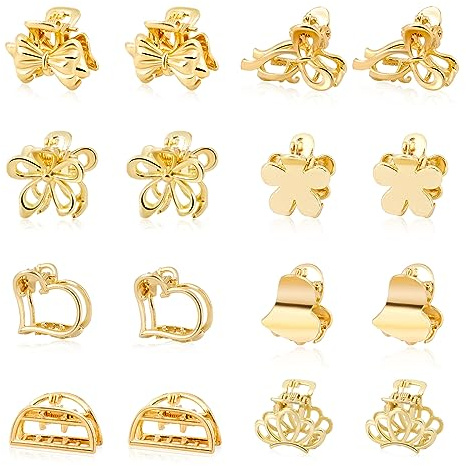 CWJCYTNSN 16PCS Small Metal Hair Clips Gold Mini Hair Claw Clip Tiny Hair Clips for Thin Thick Hair, Cute Flower Heart Bows Hair Clips, Nonslip Bangs Hair Accessories for Women Girls