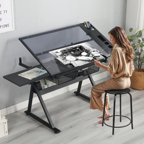 Gagawin Drafting Table for Artists, Height Adjustable Glass Drawing Table with Stool, Ergonomic Art Table with 0-75° Tilting Tabletop and More Storage for Home Office, Type 1-Black